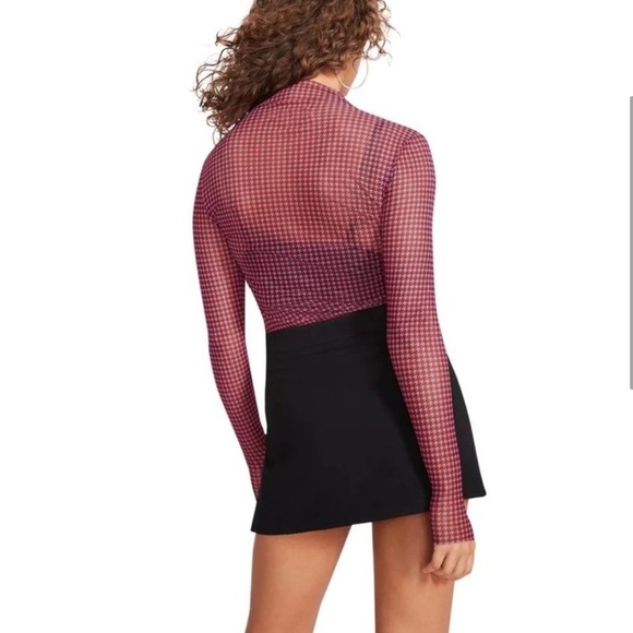 ⭐️ Steve Madden XS Eliza Mesh Top Pink Black Houndstooth Sheer Long Sleeve Shirt - Picture 2 of 14